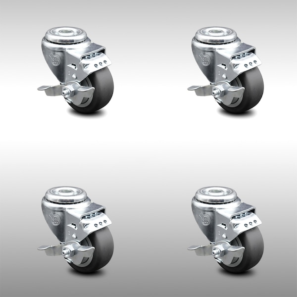 3 Inch SS Thermoplastic Rubber Wheel Swivel Bolt Hole Caster Set with Brake SCC